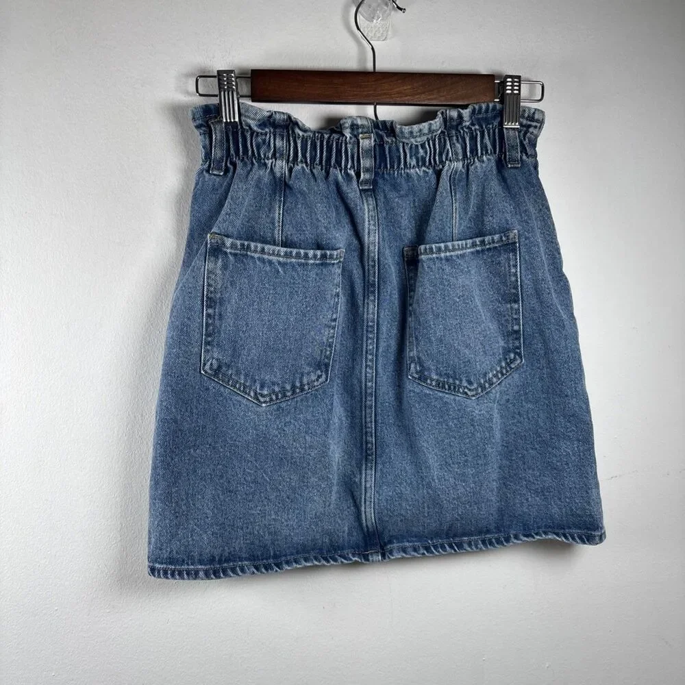 MNG by Mango Women’s Denim Mini Skirt XS Blue High Rise Paperbag Waist Y2K